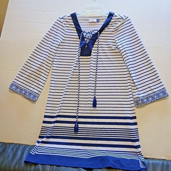 Cabana Life by Talbots Size XS White Dress with Blue Strips Tie in Front. - Picture 9 of 10